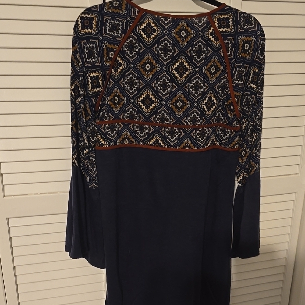 THML Womens PATCHWORK Blue and Brown Long Sleeve Bell Dress - Picture 5 of 5